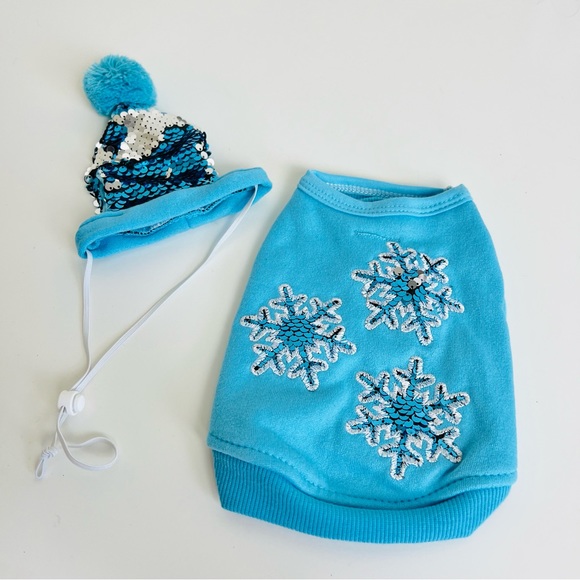 Blue Flip Sequin Snowflake Dog Pet Sweater & Matching Pom Pom Adjustable Hat Set - Picture 2 of 9